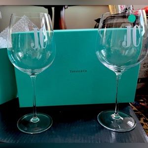 Tiffany 22 Ounce Crystal Wine Glasses. Custom Initials JC. Set of Two (2).